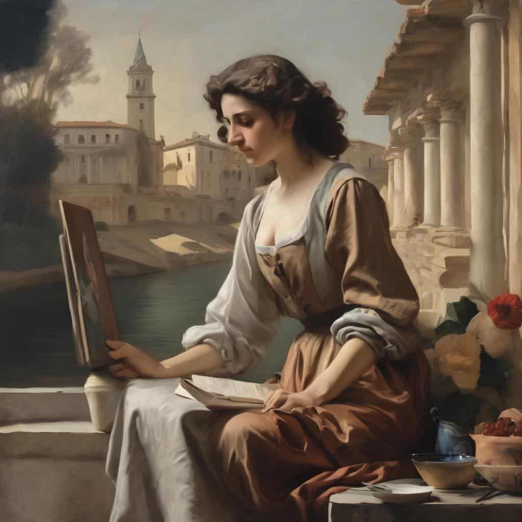 Ιμπρεσιονισμός, χρώμα και κίνηση στην τέχνη, ρεαλιστική απεικόνιση γυναίκας ζωγραφικής με ιστορικό τοπίο.