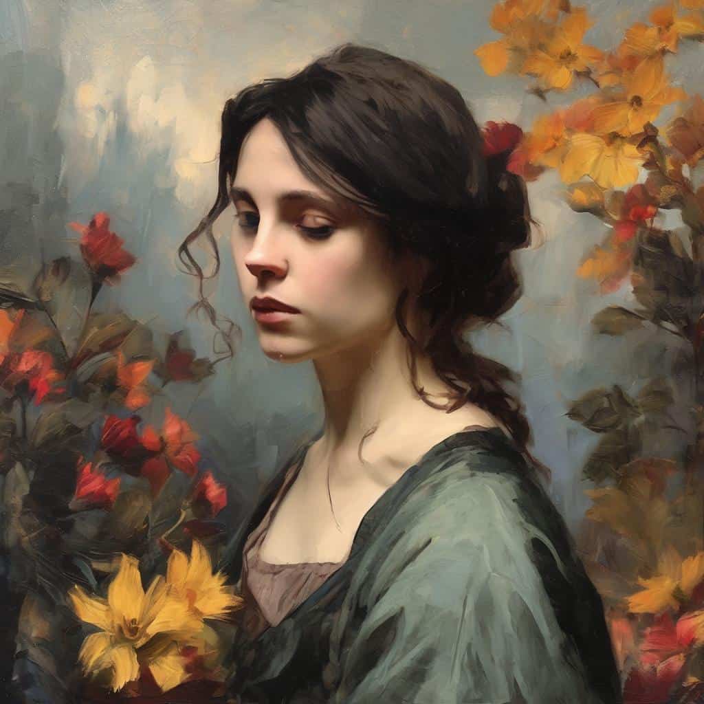 Ομορφόπ hideά γυναίκα με καφέ μαλλιά και μπουκέτο πολύχρωμα λουλούδια, σε ζωγραφικό στυλ.