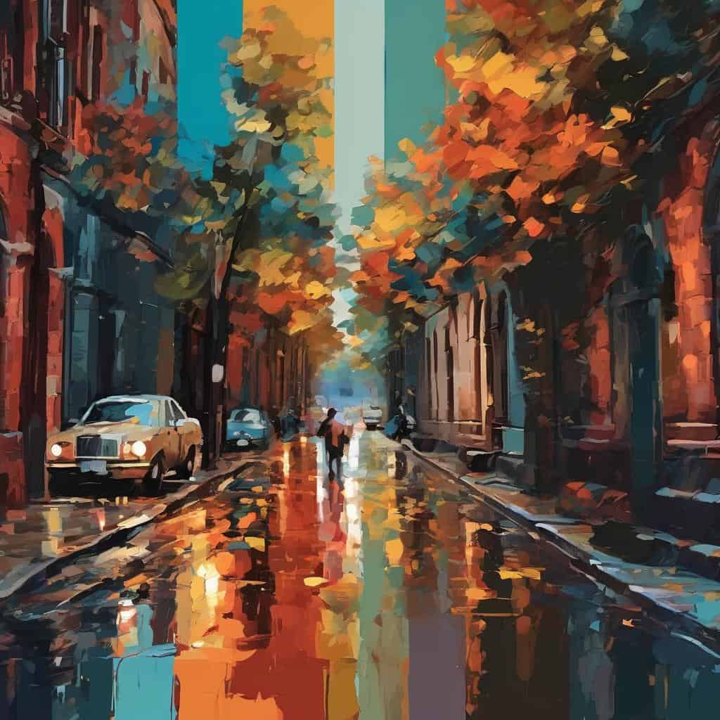 Ουρανογράφημα Υπόγειων Αστικών Δρόμων σε Ψυχρό Χειμωνιάτικο Βράδυ με Φθινοπωρινά Φυλλώματα σε Πεζοδρόμια και Παλιά Κτίρια, Ιμπρεσιονισμός, Χρώμα και Κίνηση στην Τέχνη.