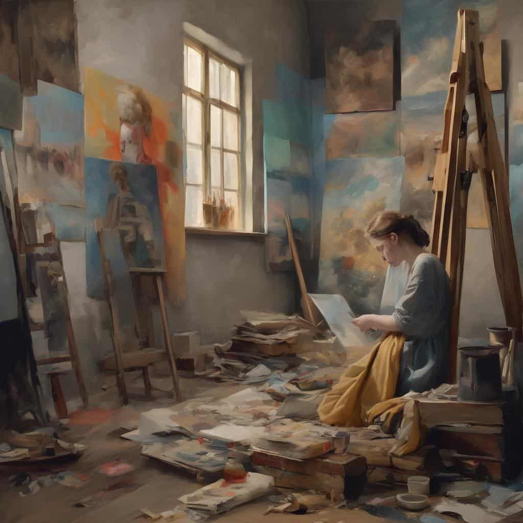 Ζωγράφος σε αίθριο χώρο με πολλά έργα τέχνης και καβαλέτα, αναδεικνύοντας το ιμπρεσιονισμό και τη χρήση χρώματος και κίνησης στην τέχνη.