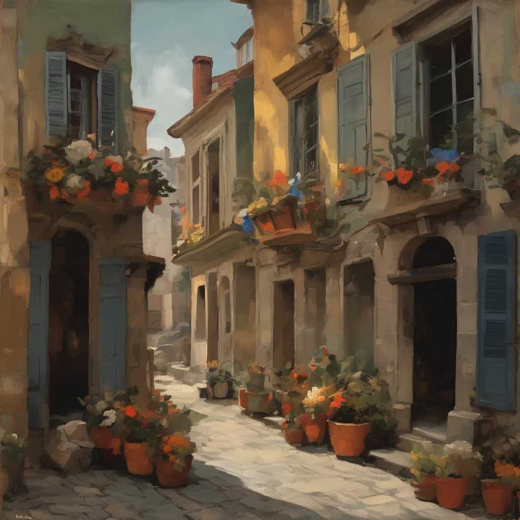 παραθαλάσσιο σκηνικό με πολύχρωμα λουλούδια σε κασπώ και παραδοσιακά σπίτια, ιμπρεσιονιστική τέχνη, χρώματα και κίνηση, καμβάς ζωγραφικής.